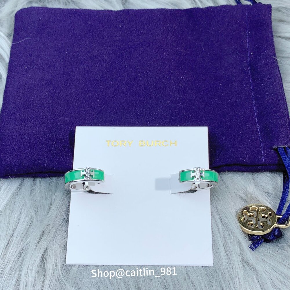 Tory Burch Kira Enamel Huggie Hoop Earring Shiny Hematite/green